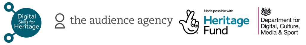 Logos for Digital Skills for Heritage, The Audience Agency, National Lottery Heritage Fund and the Department for DIgital, Culture, Media and Sport. These organisations funded the East Riding Blockdown project.